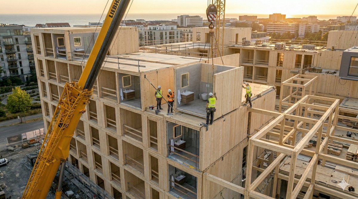 Obra de construccion industrializada con estructura CLT y grua montando modulos