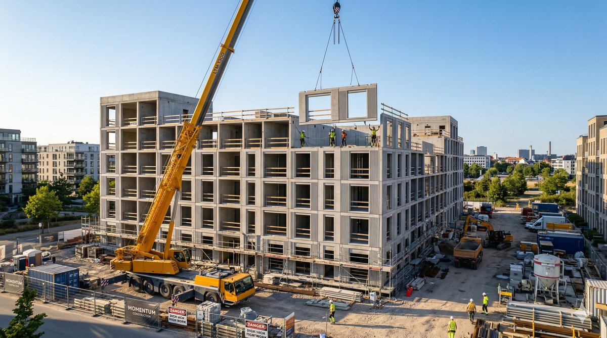 Instalacion de paneles prefabricados de hormigon con grua en edificio residencial